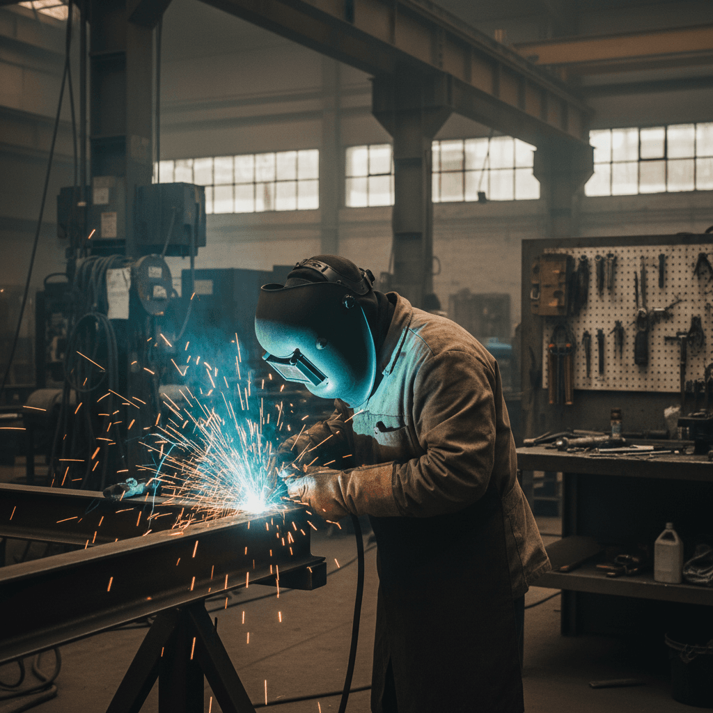 Professional welder at work with bright orange sparks